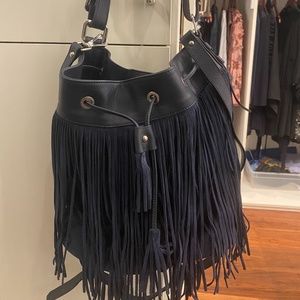 Strenesse blue suede crossbody fringe bucket bag